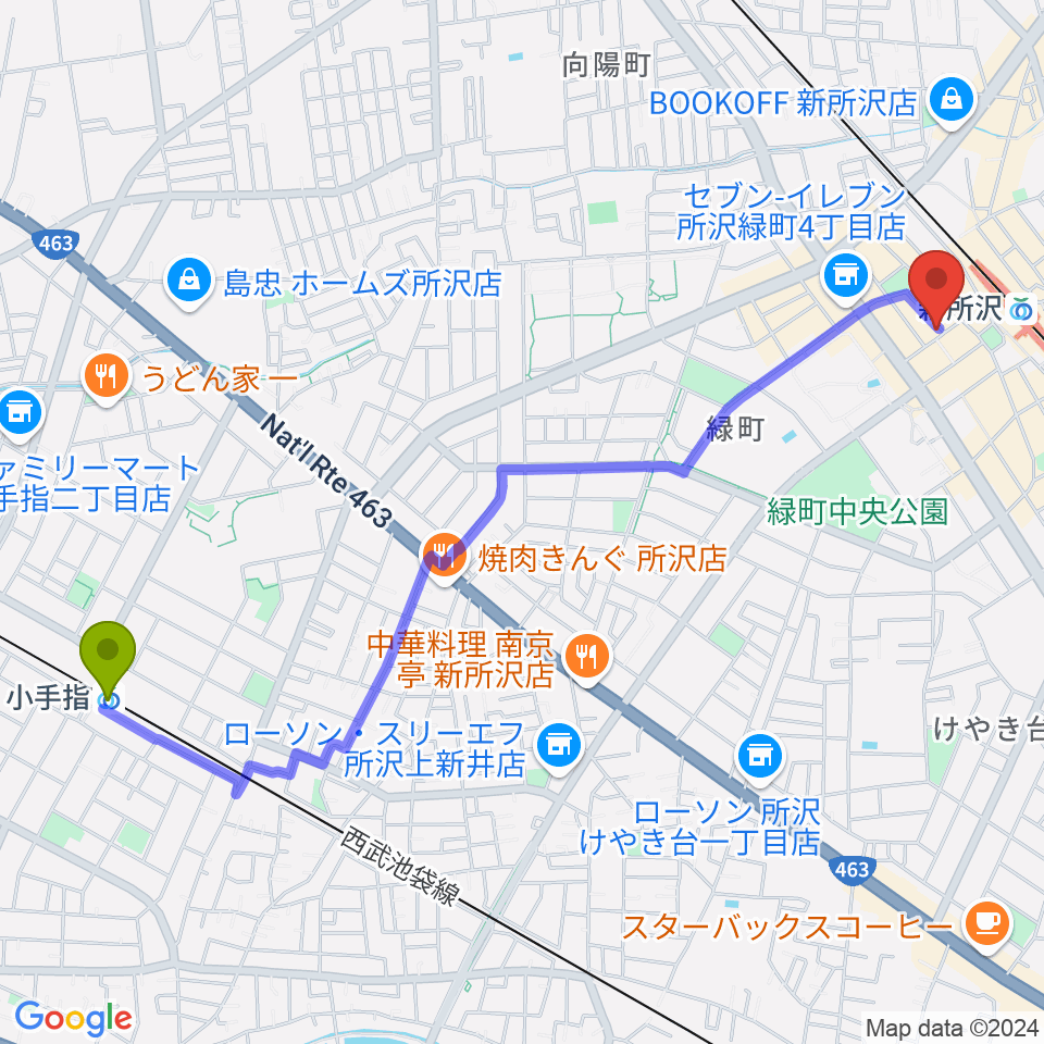 小手指駅から新所沢スワンへのルートマップ地図