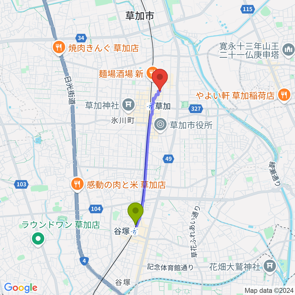 谷塚駅から草加シュガーヒルへのルートマップ地図