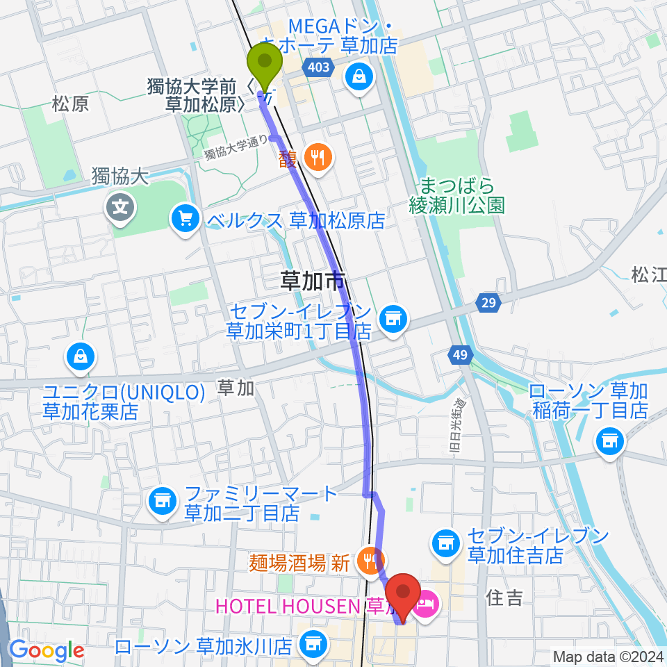 獨協大学前〈草加松原〉駅から草加シュガーヒルへのルートマップ地図