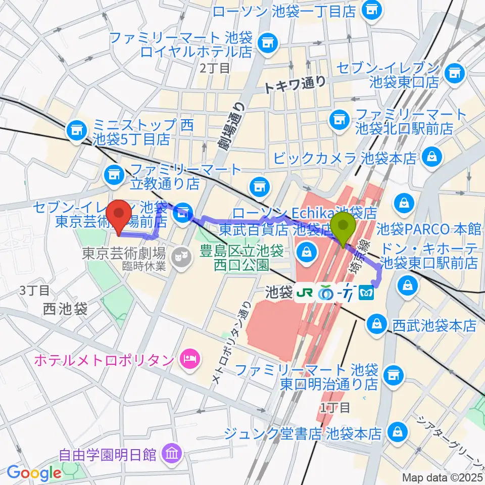 池袋インディペンデンスの最寄駅池袋駅からの徒歩ルート（約7分）地図