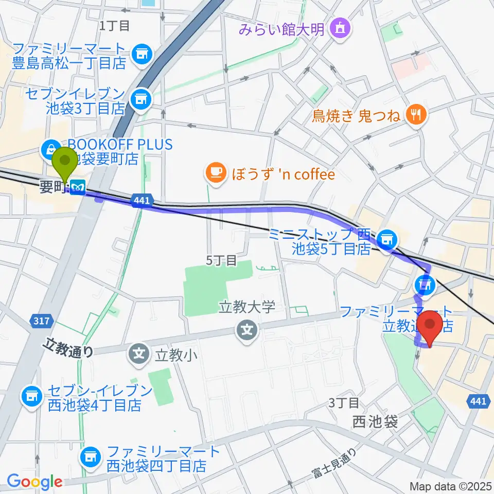 要町駅から池袋インディペンデンスへのルートマップ地図