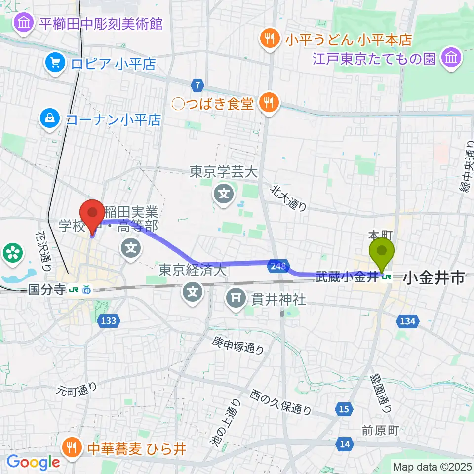 武蔵小金井駅から国分寺Morganaへのルートマップ地図