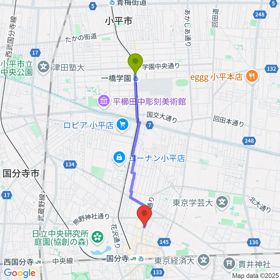 一橋学園駅から国分寺Morganaへのルートマップ地図