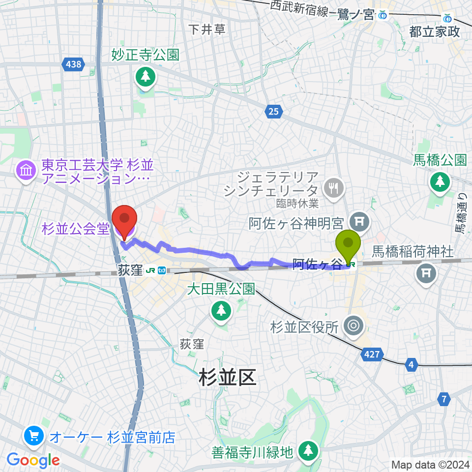 阿佐ケ谷駅から杉並公会堂へのルートマップ地図