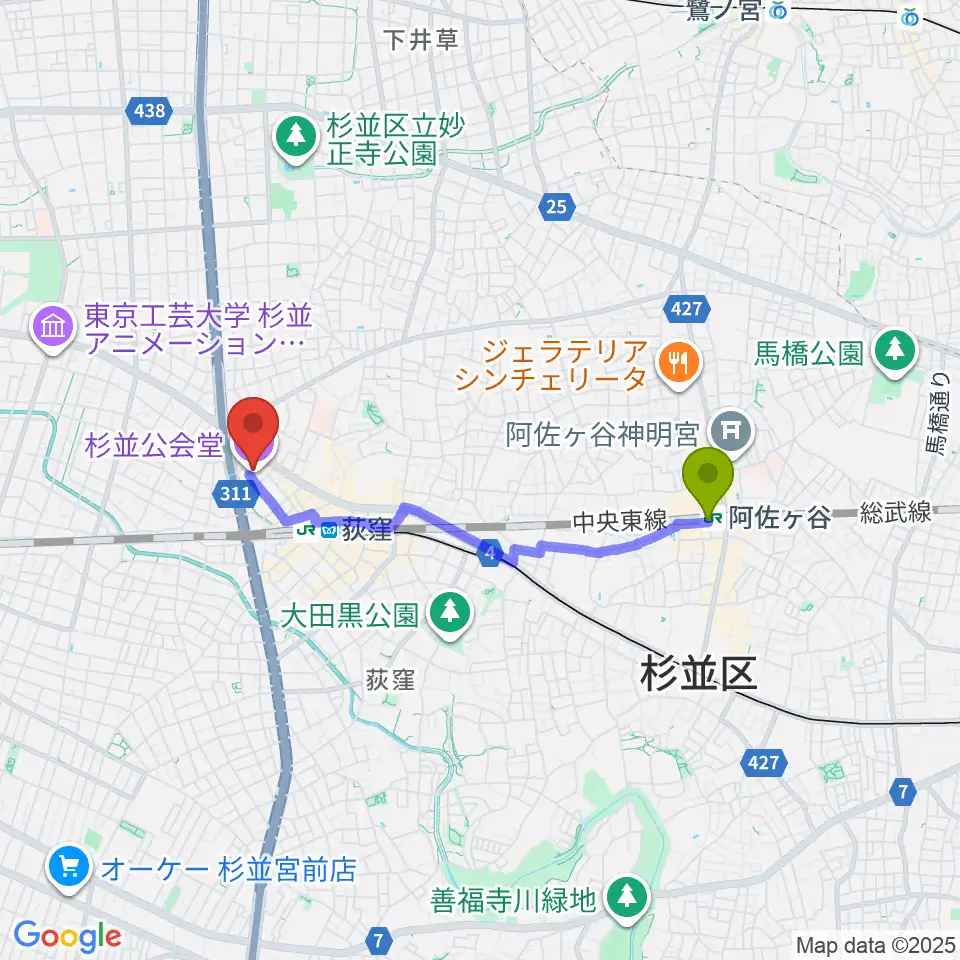 阿佐ケ谷駅から杉並公会堂へのルートマップ地図