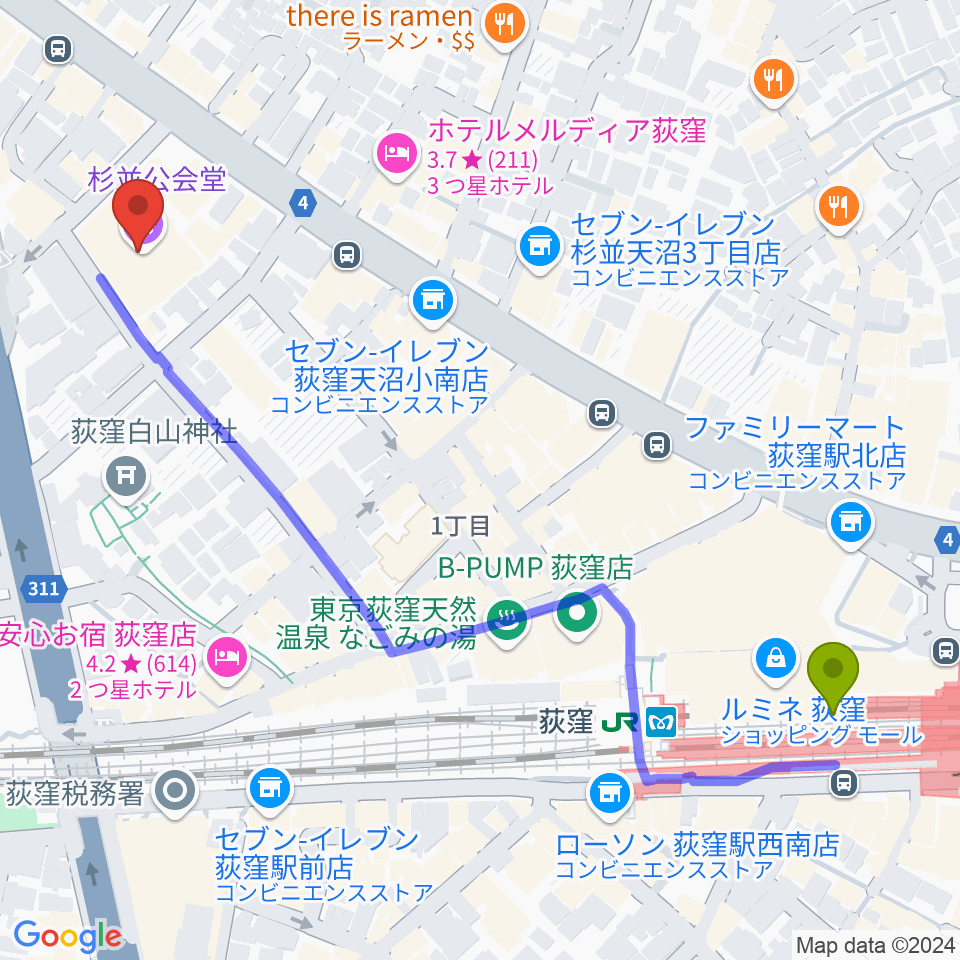 杉並公会堂の最寄駅荻窪駅からの徒歩ルート（約7分）地図