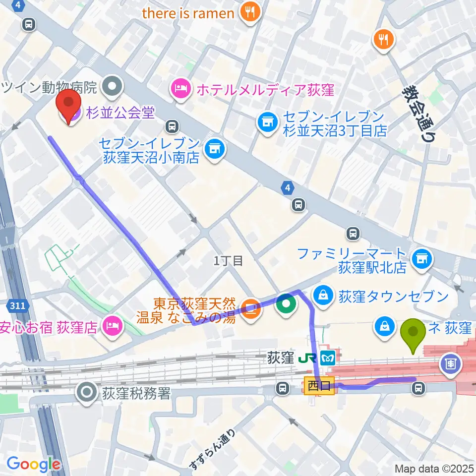 杉並公会堂の最寄駅荻窪駅からの徒歩ルート（約7分）地図