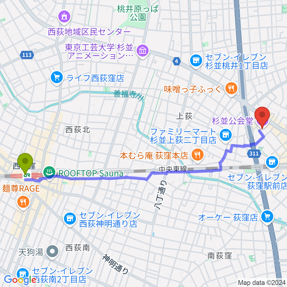 西荻窪駅から杉並公会堂へのルートマップ地図