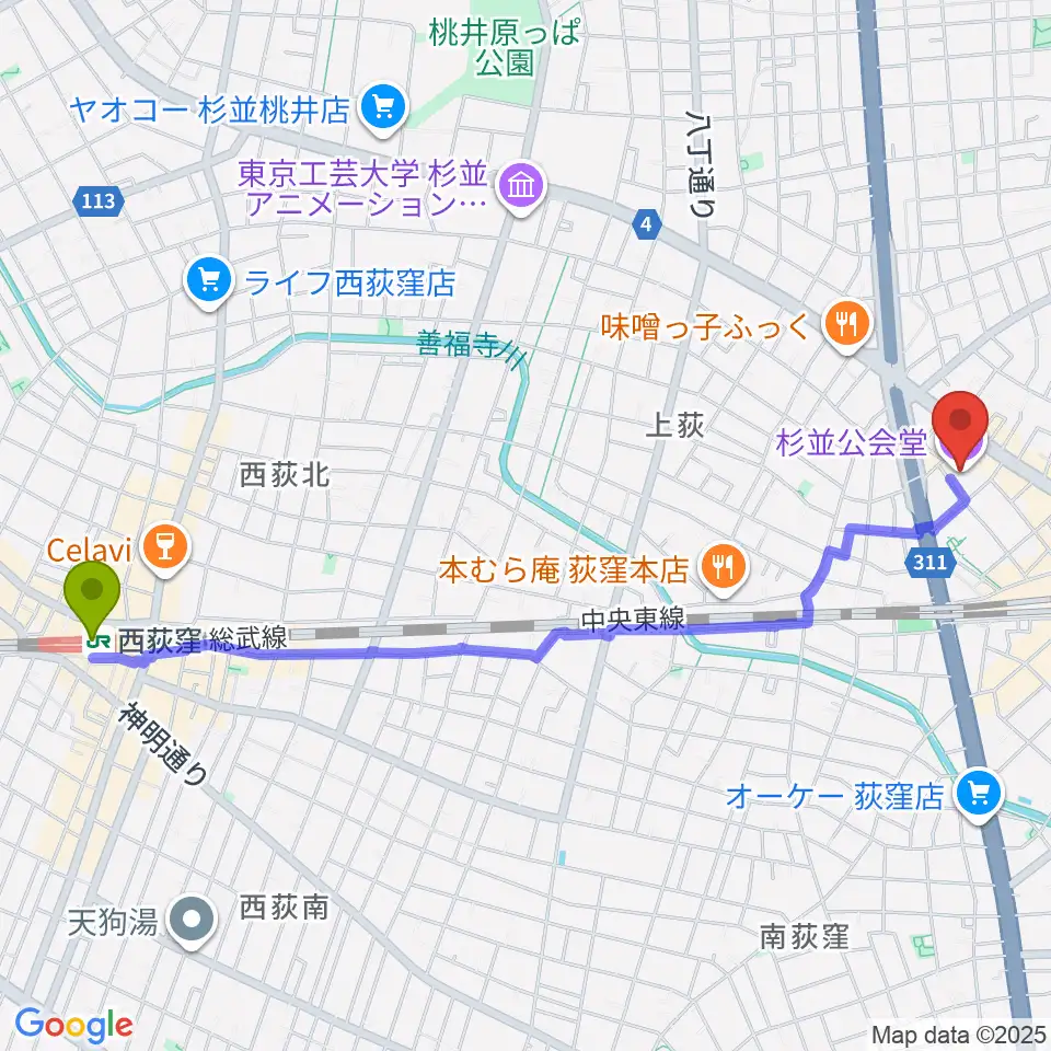 西荻窪駅から杉並公会堂へのルートマップ地図