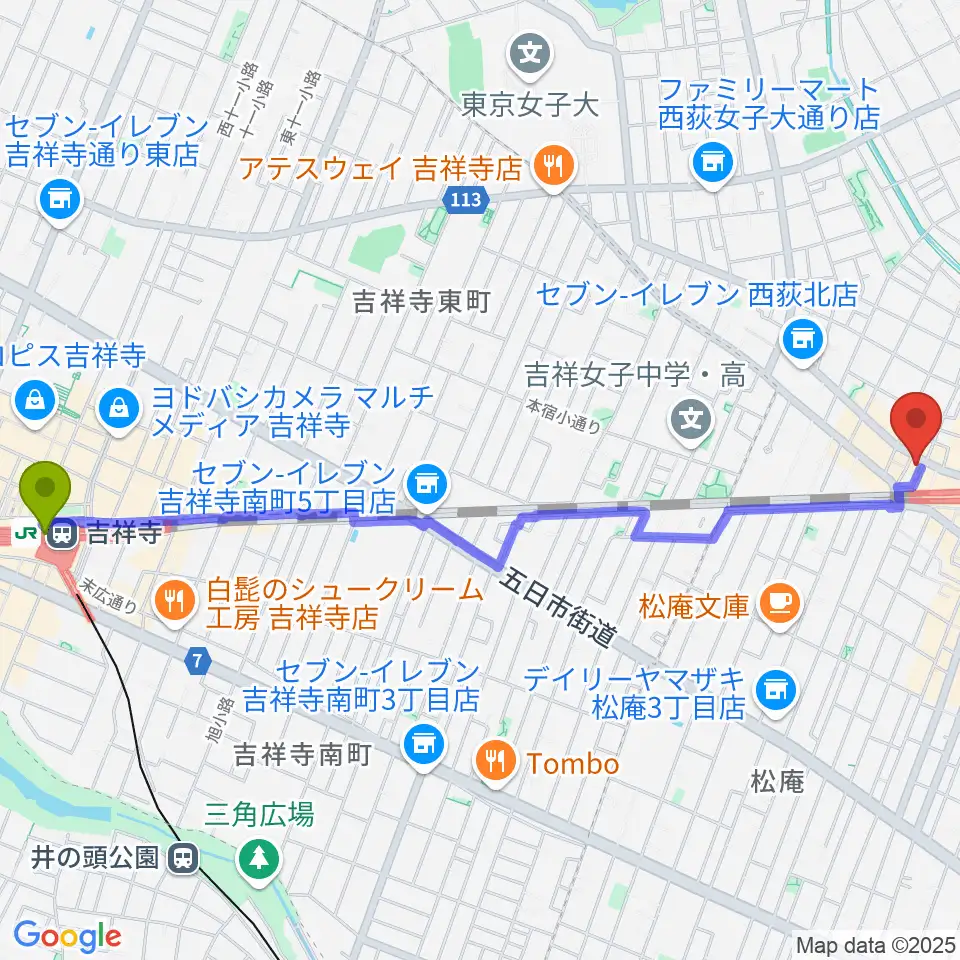 吉祥寺駅から西荻ヘブンズドアへのルートマップ地図