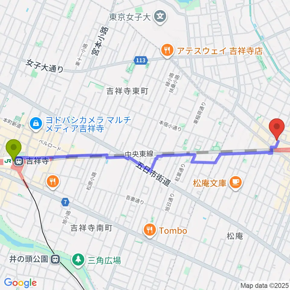 吉祥寺駅から西荻ヘブンズドアへのルートマップ地図