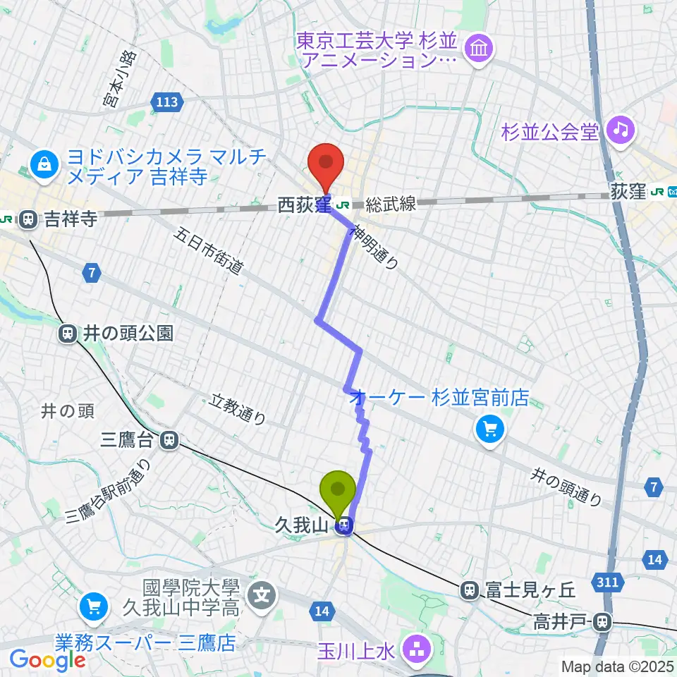久我山駅から西荻ヘブンズドアへのルートマップ地図