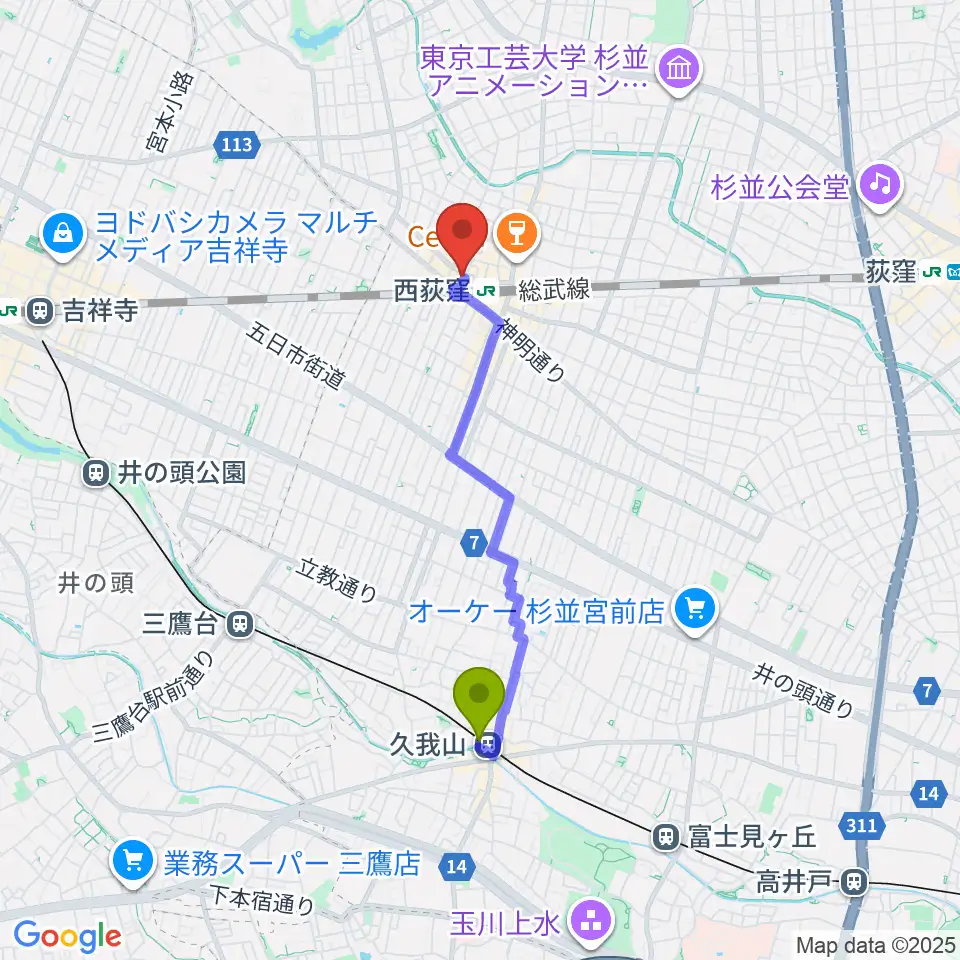 久我山駅から西荻ヘブンズドアへのルートマップ地図
