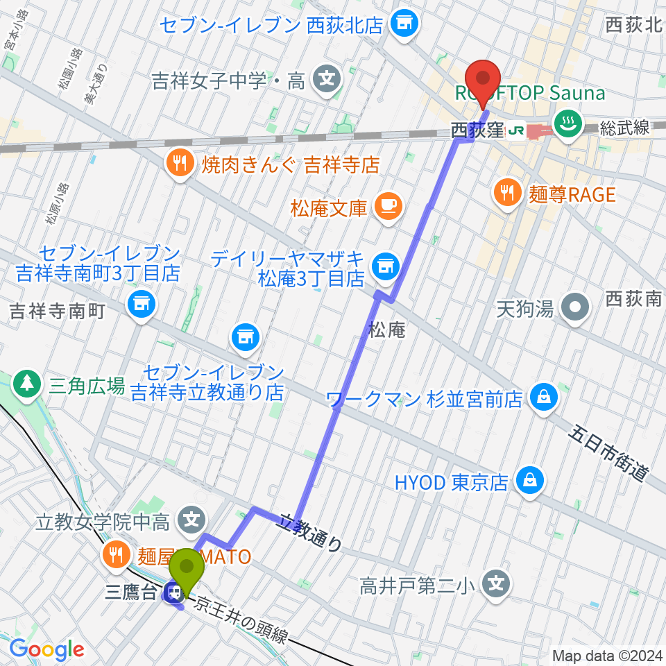 三鷹台駅から西荻ヘブンズドアへのルートマップ地図