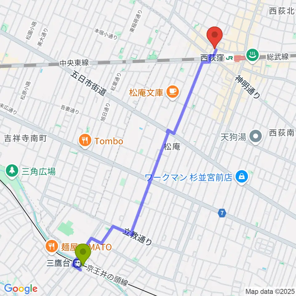三鷹台駅から西荻ヘブンズドアへのルートマップ地図