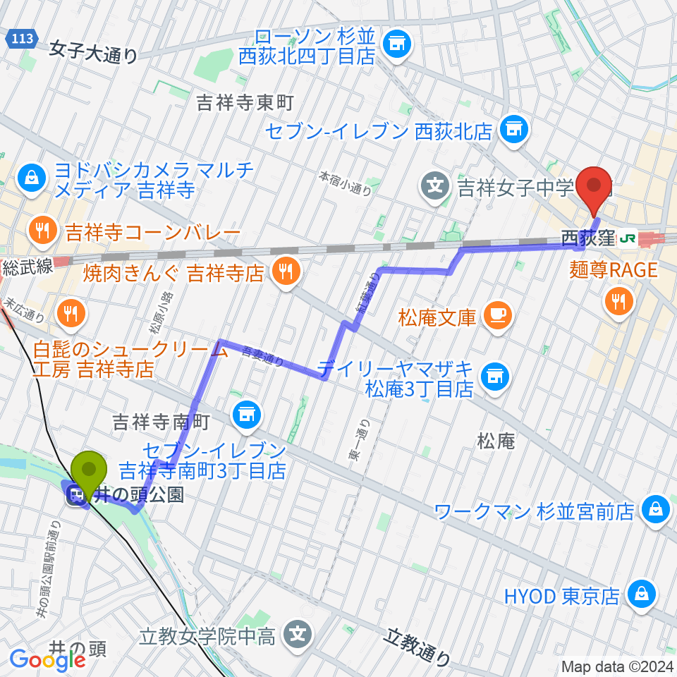 井の頭公園駅から西荻ヘブンズドアへのルートマップ地図