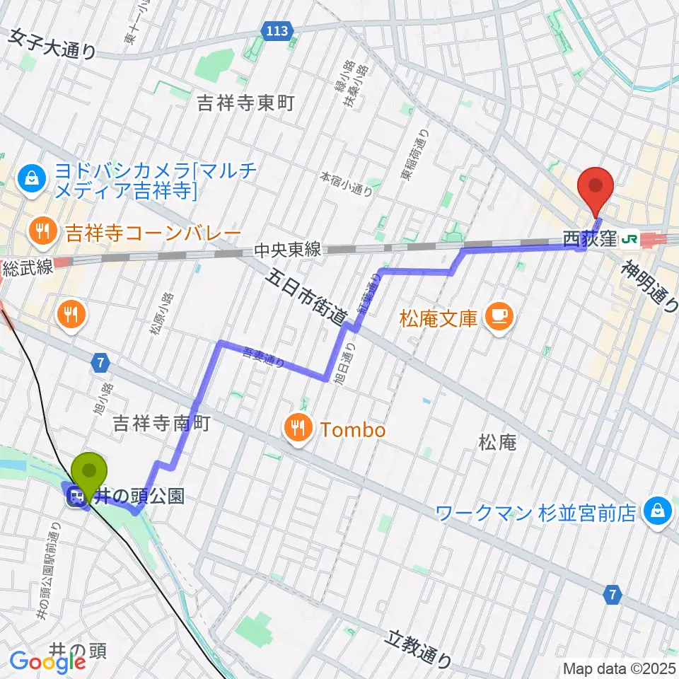 井の頭公園駅から西荻ヘブンズドアへのルートマップ地図