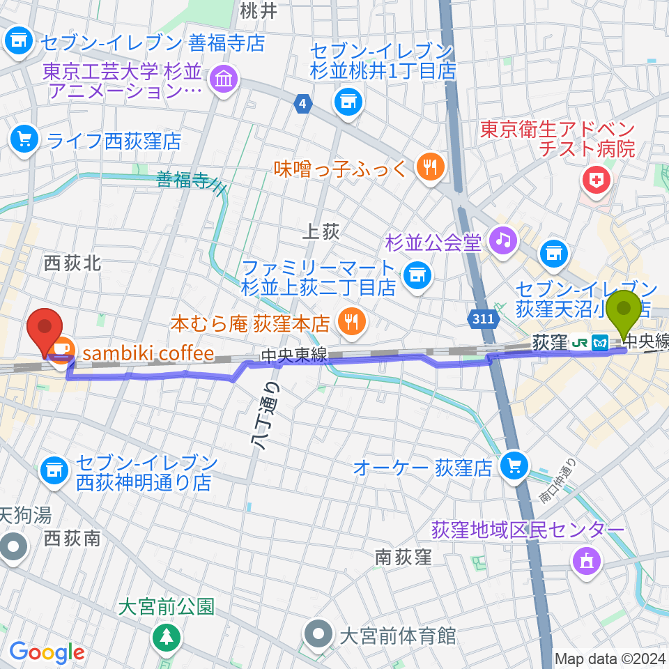 荻窪駅から音や金時へのルートマップ地図