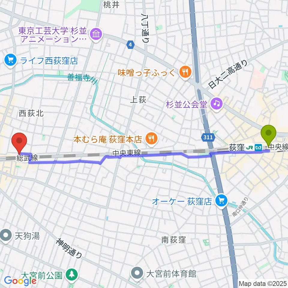 荻窪駅から音や金時へのルートマップ地図