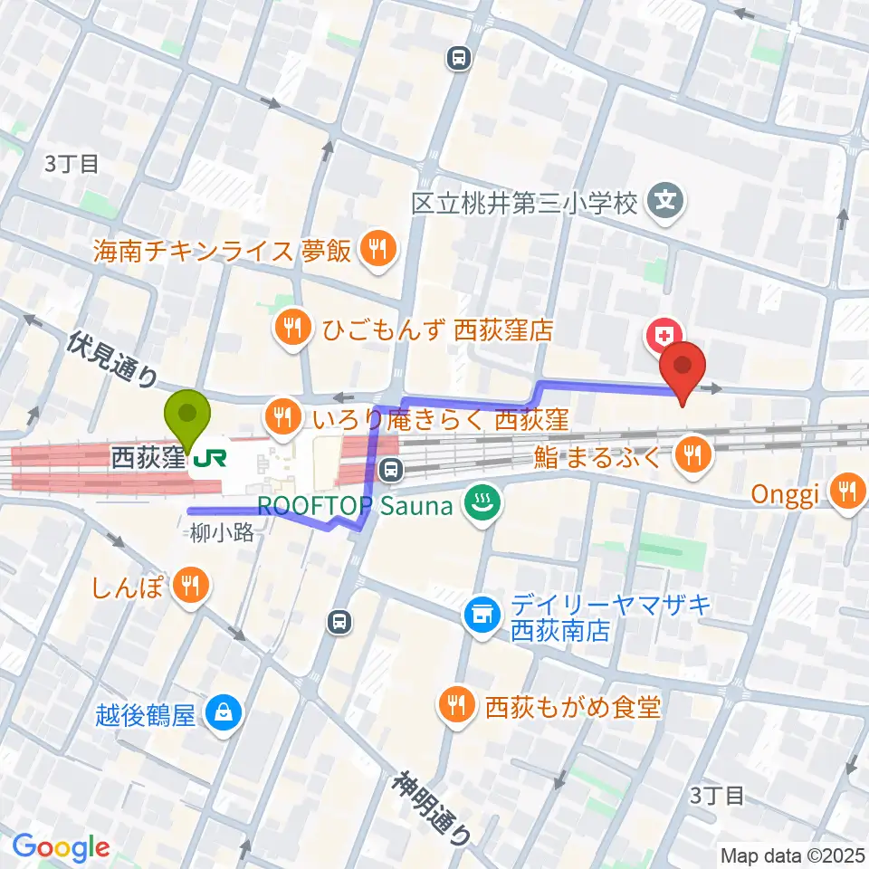 音や金時の最寄駅西荻窪駅からの徒歩ルート（約4分）地図