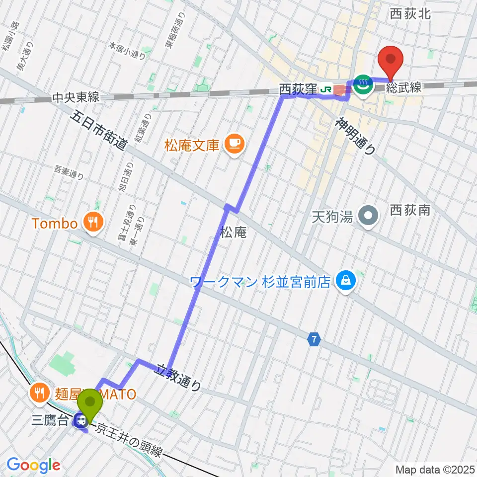 三鷹台駅から音や金時へのルートマップ地図