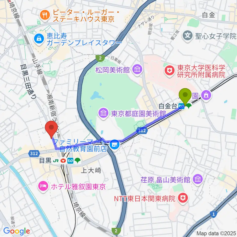 白金台駅から弦楽器専門店シレーナへのルートマップ地図