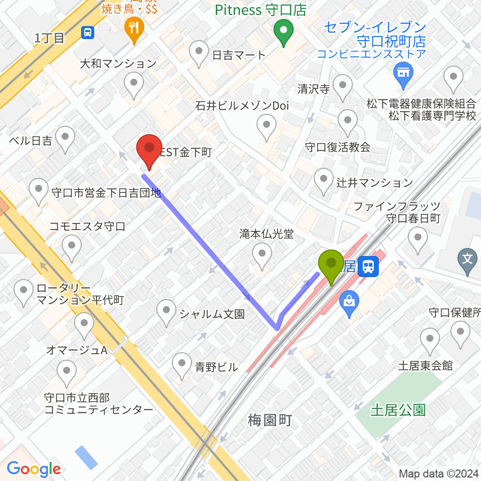 Studio Orqueの最寄駅土居駅からの徒歩ルート（約4分）地図