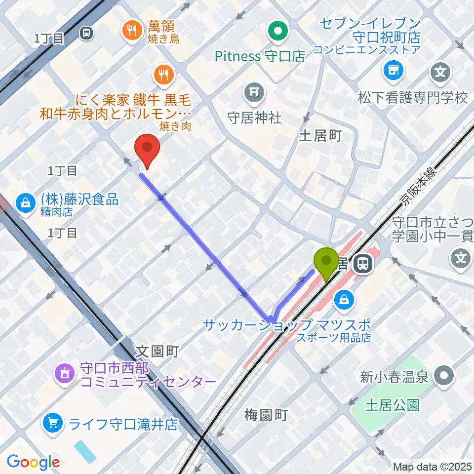 Studio Orqueの最寄駅土居駅からの徒歩ルート（約4分）地図