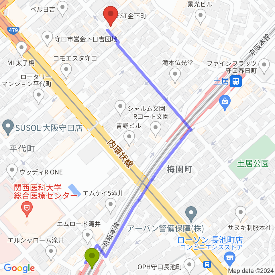 滝井駅からStudio Orqueへのルートマップ地図