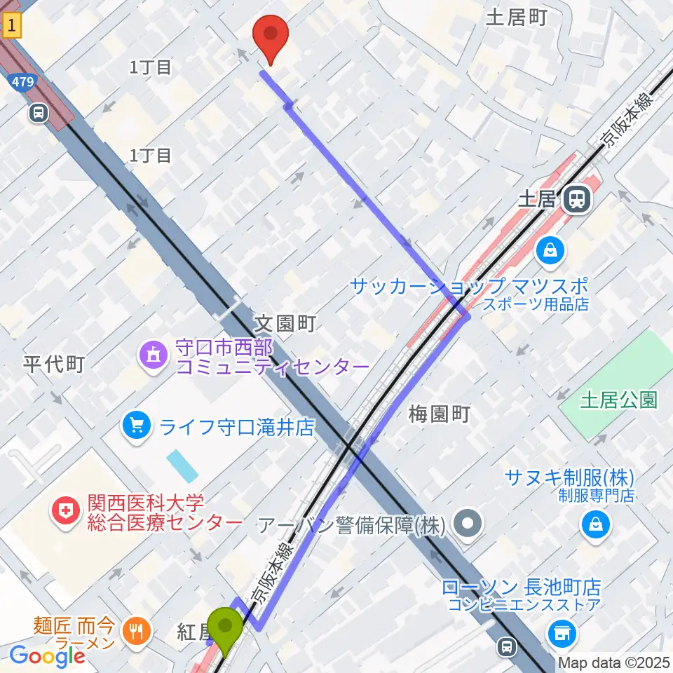 滝井駅からStudio Orqueへのルートマップ地図