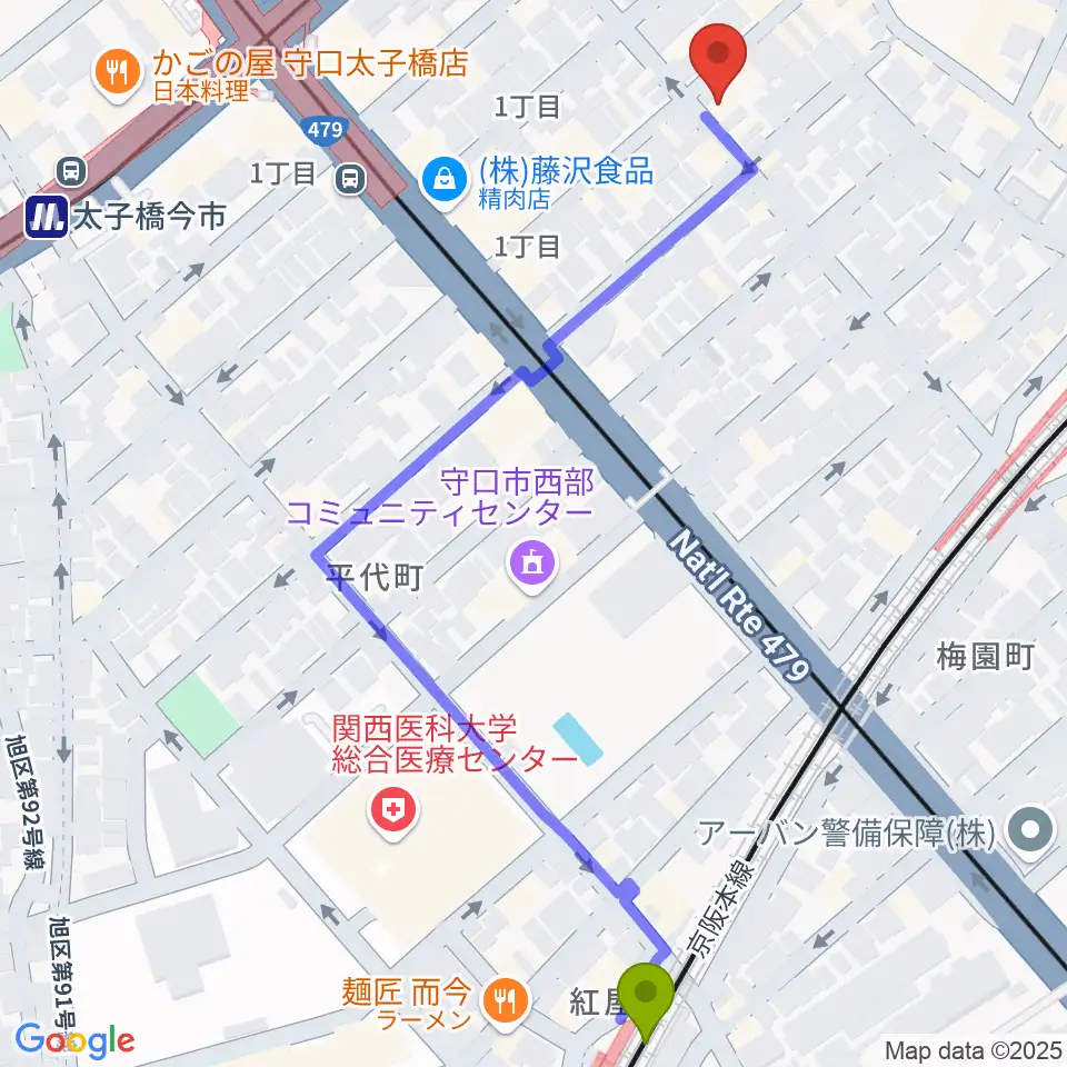 滝井駅からStudio Orqueへのルートマップ地図