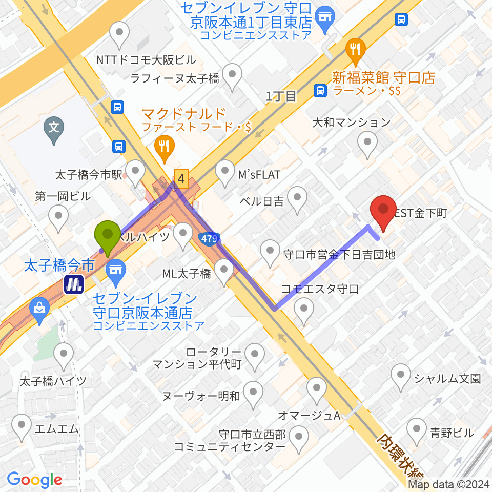 太子橋今市駅からStudio Orqueへのルートマップ地図