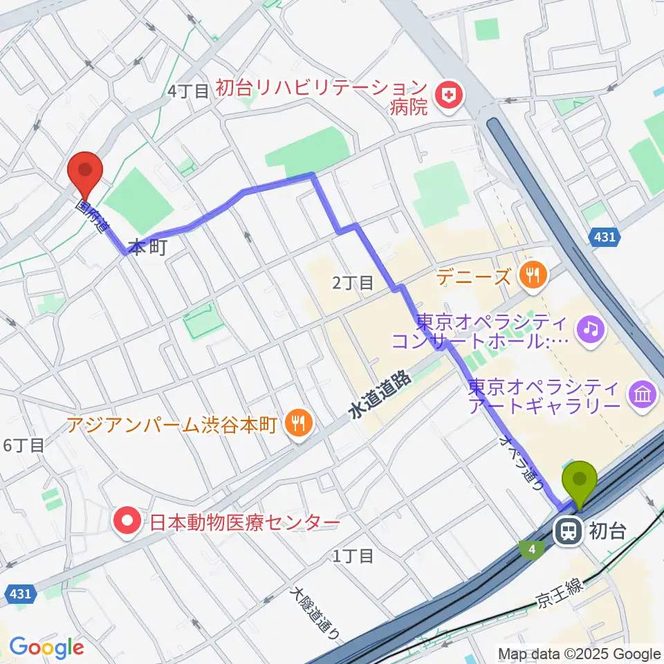 初台駅からライズワンへのルートマップ地図
