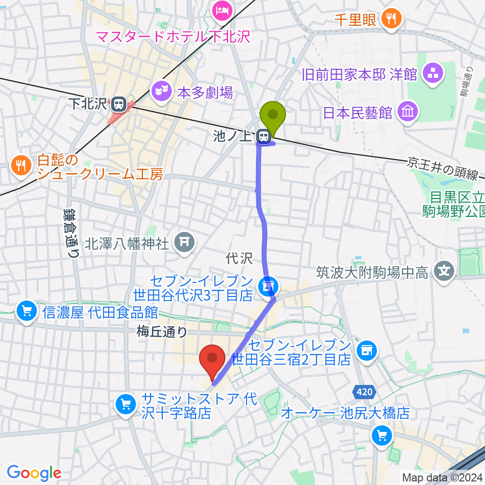 池ノ上駅からrainford studioへのルートマップ地図