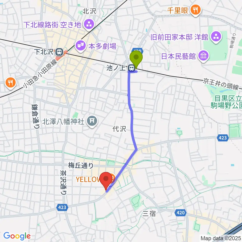 池ノ上駅からrainford studioへのルートマップ地図