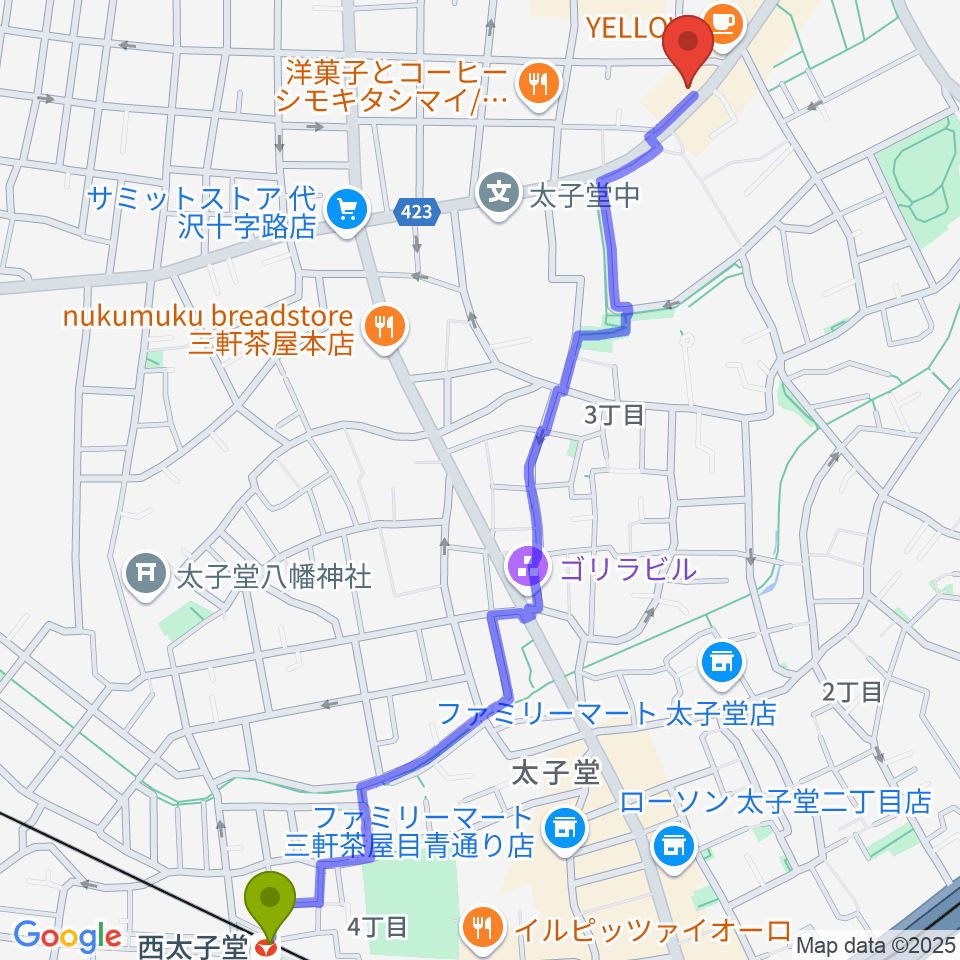 西太子堂駅からrainford studioへのルートマップ地図