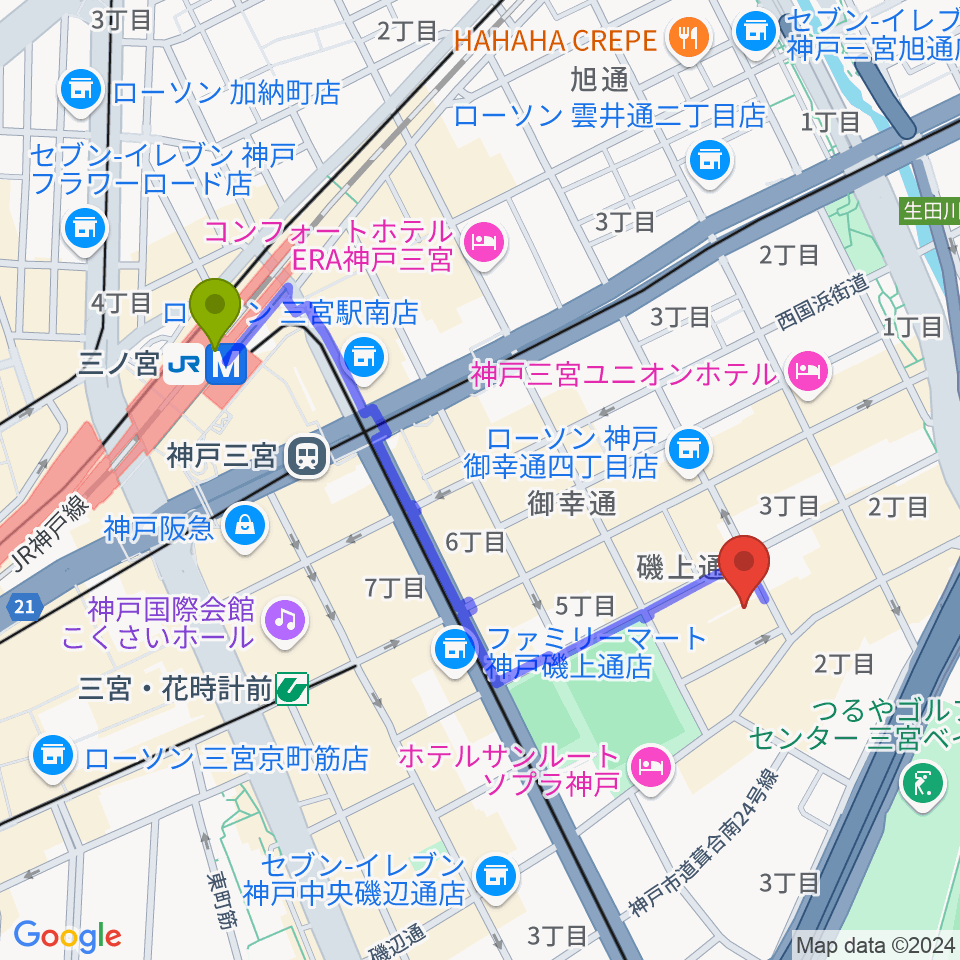 三ノ宮駅からケイステイション レコーディングスタジオへのルートマップ地図