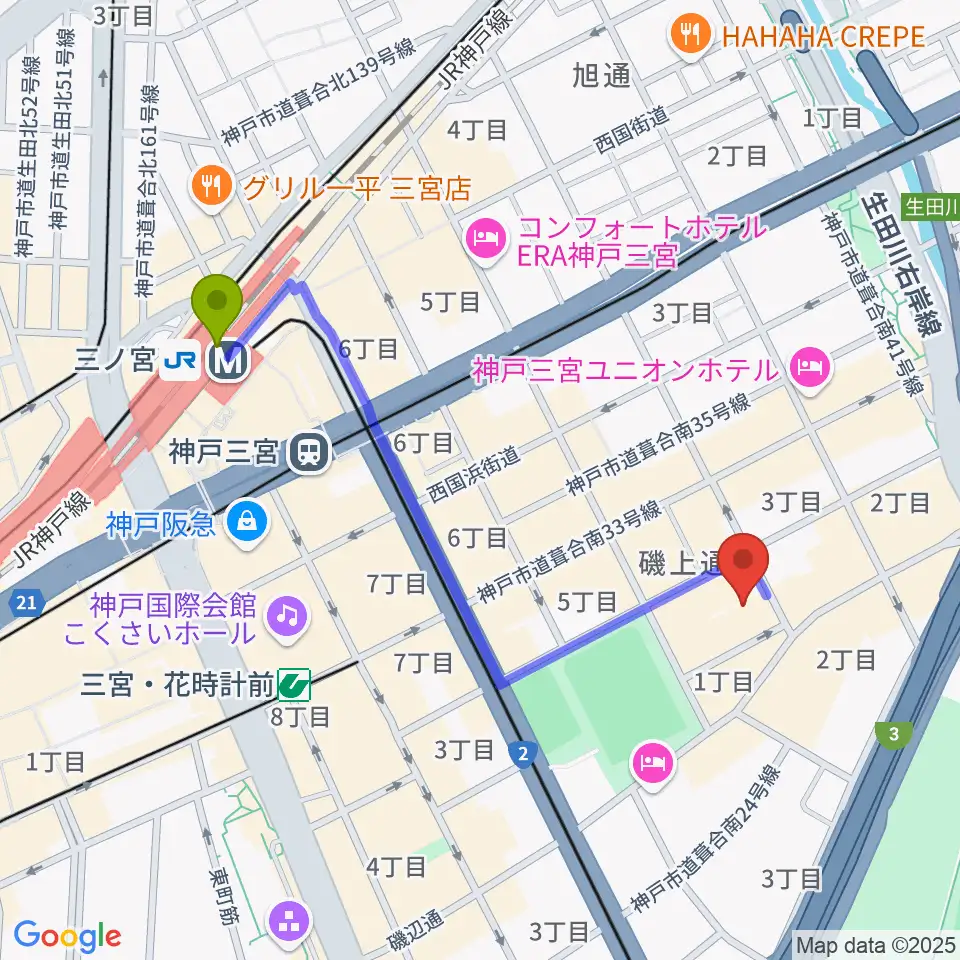三ノ宮駅からケイステイションへのルートマップ地図
