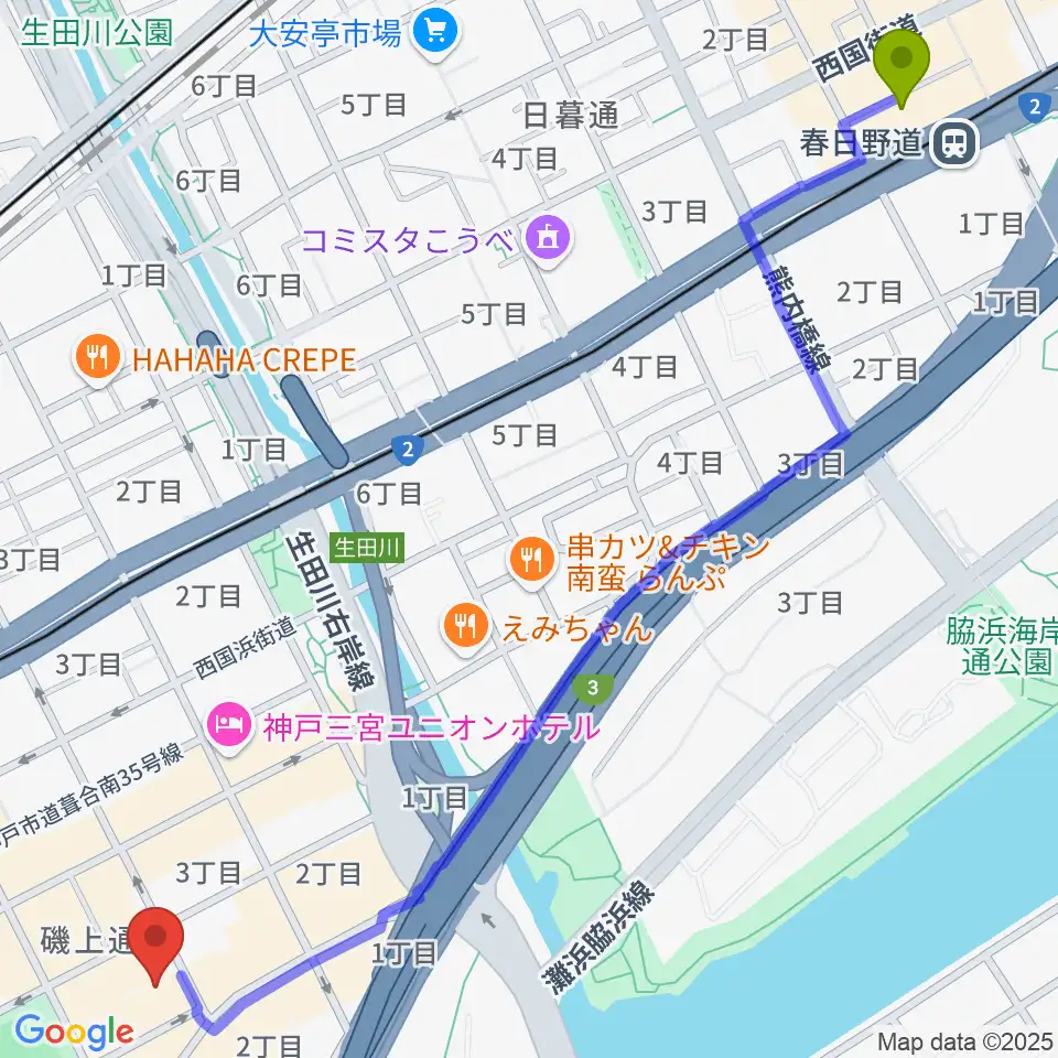 春日野道駅からケイステイションへのルートマップ地図