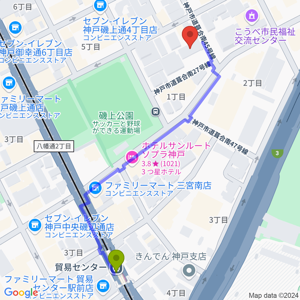 ケイステイション レコーディングスタジオの最寄駅貿易センター駅からの徒歩ルート（約6分）地図