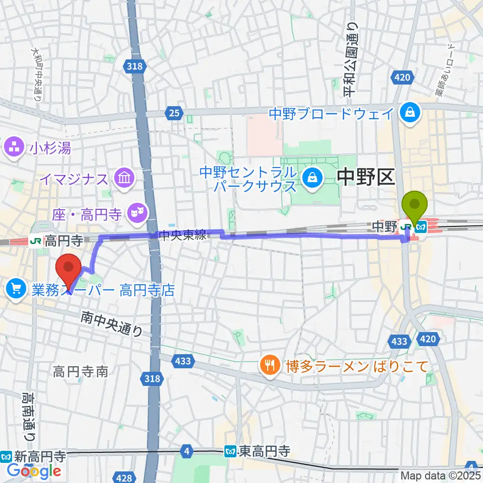 中野駅から高円寺HIGHへのルートマップ地図