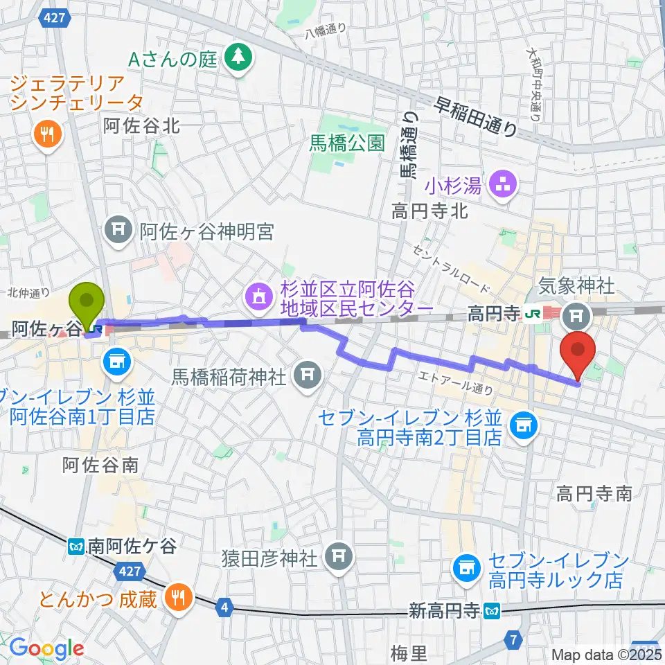 阿佐ケ谷駅から高円寺HIGHへのルートマップ地図
