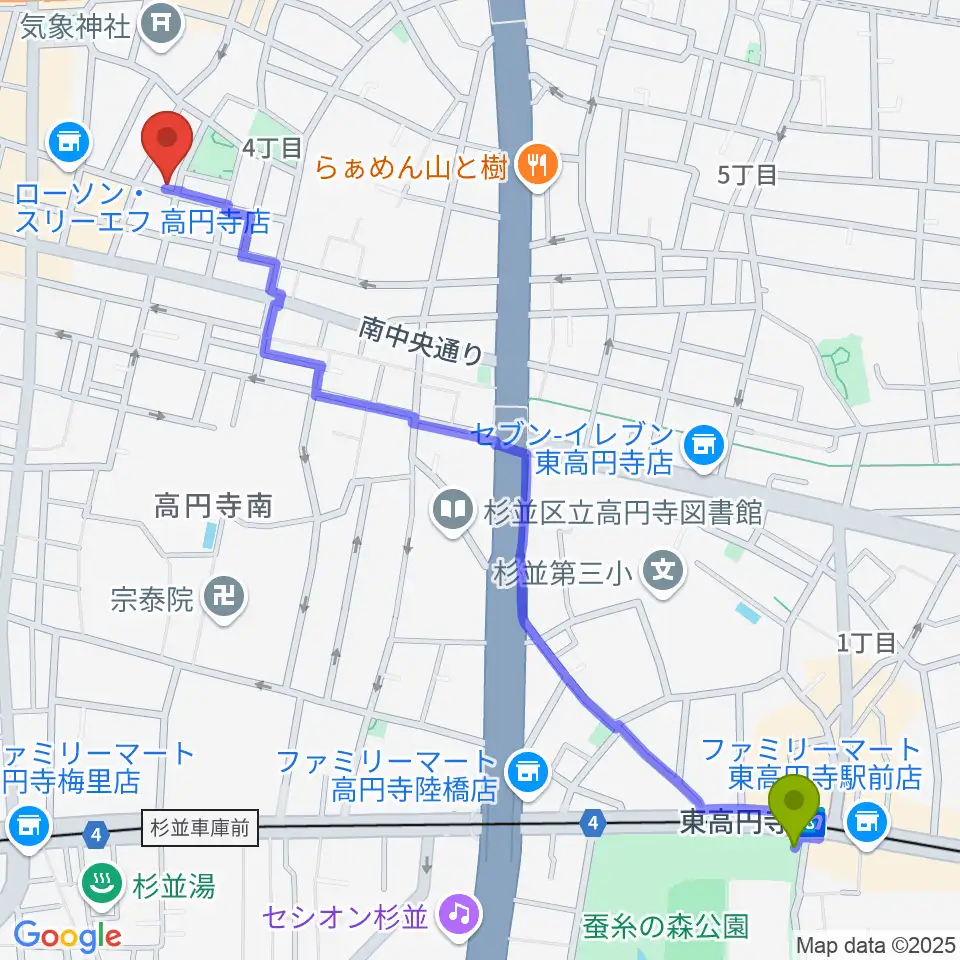 東高円寺駅から高円寺HIGHへのルートマップ地図