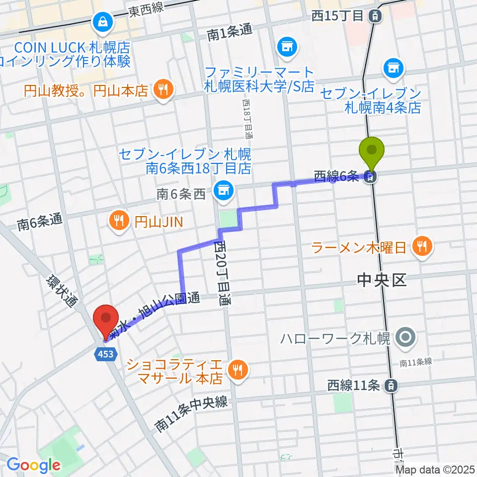 西線６条駅からエレキ堂へのルートマップ地図