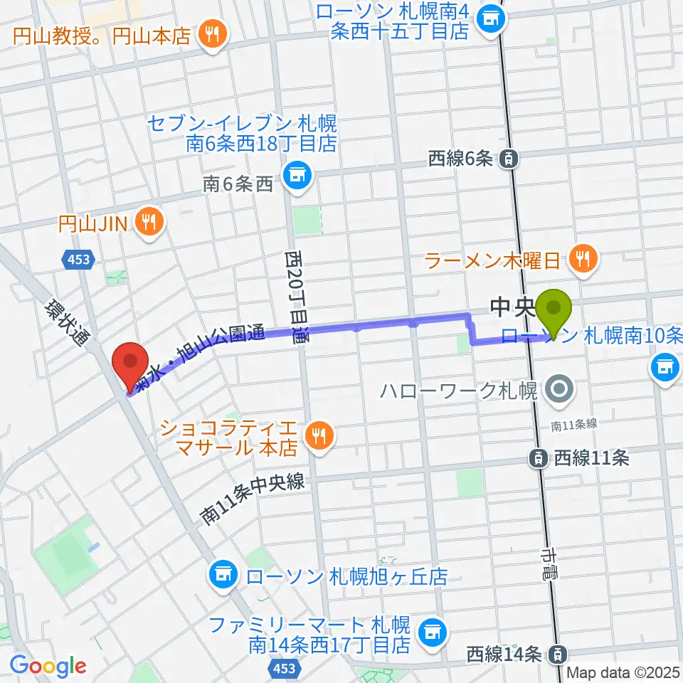 西線９条旭山公園通駅からエレキ堂へのルートマップ地図
