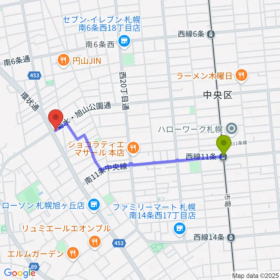 エレキ堂の最寄駅西線１１条駅からの徒歩ルート（約17分）地図