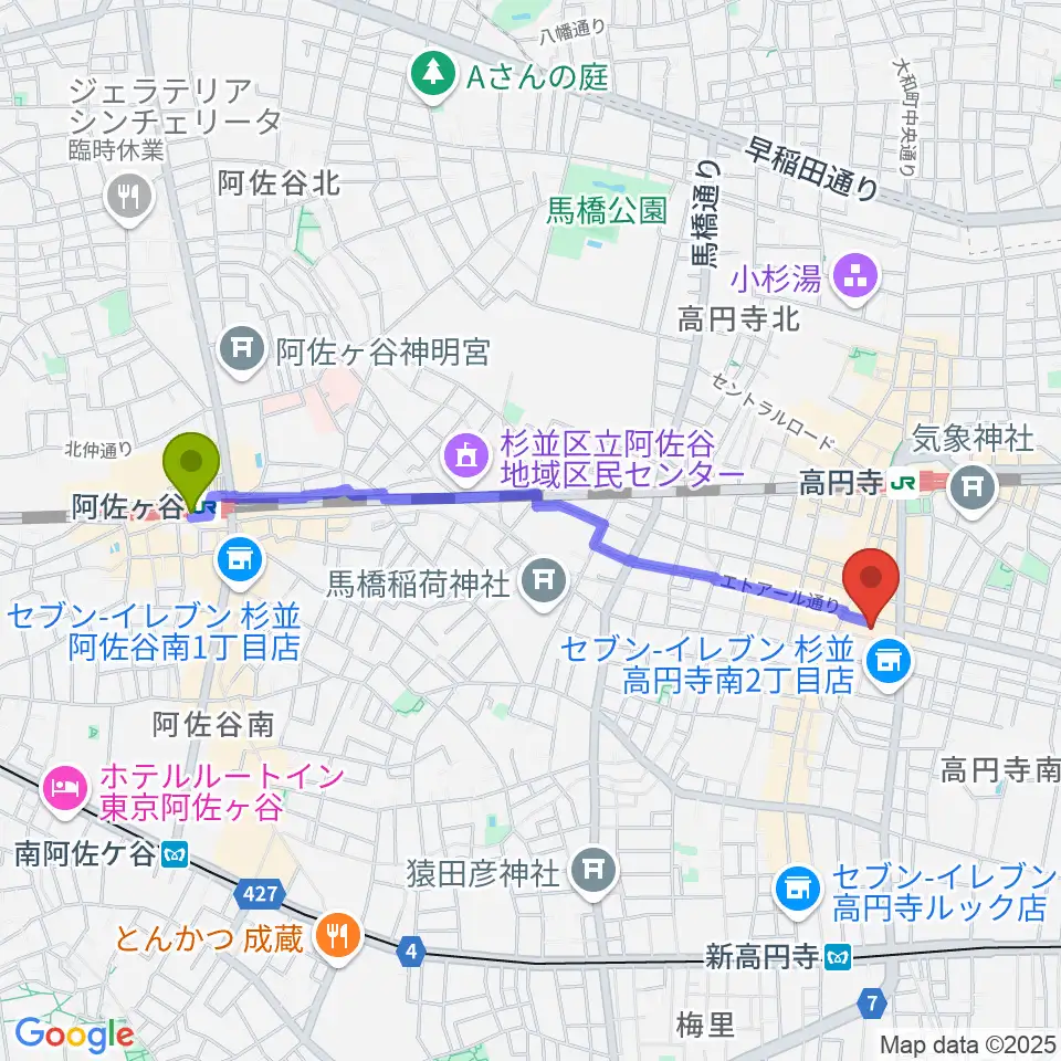 阿佐ケ谷駅から高円寺ALONEへのルートマップ地図