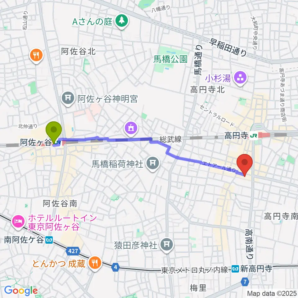 阿佐ケ谷駅から高円寺ALONEへのルートマップ地図