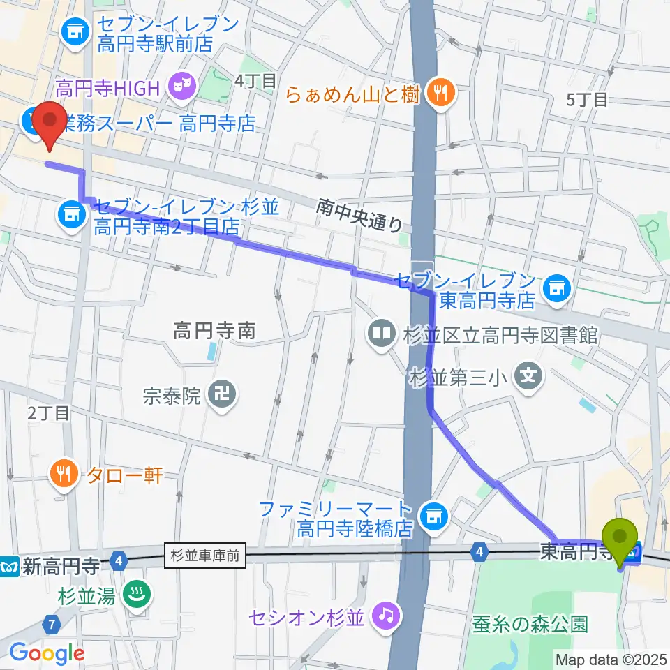 東高円寺駅から高円寺ALONEへのルートマップ地図