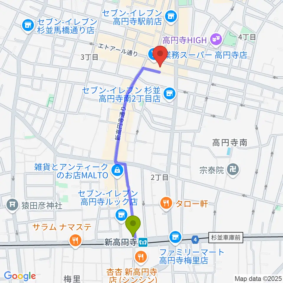 新高円寺駅から高円寺ALONEへのルートマップ地図